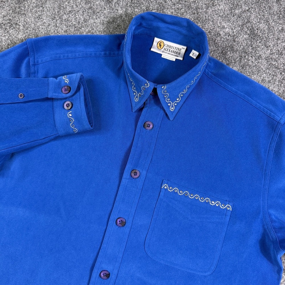 Christine Alexander Womens Shirt L Vintage 90s Rhinestone Western Blue Button Up